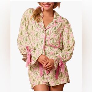 Pink and Green Pajama Set with Bow Print